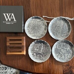 Wendell August Silver Coaster Set with Wooden Holder